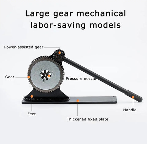 Close-up of the Professional Manual Hose Crimper Tool With Large Gear Press System For 6 To 32 Mm Tubing showing mechanical components.