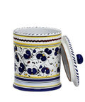 Handcrafted Italian Ceramic Coffee Storage Canister Featuring The Classic Orvieto Blue Rooster Pattern with lid open.