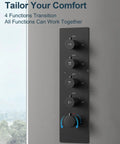 Control panel of GRANDJOY 20" LED Shower System with Handheld Spray, Matte Black with four function knobs.