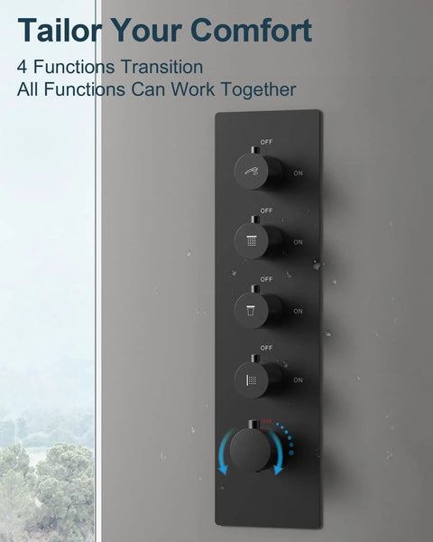 Control panel of GRANDJOY 20" LED Shower System with Handheld Spray, Matte Black with four function knobs.