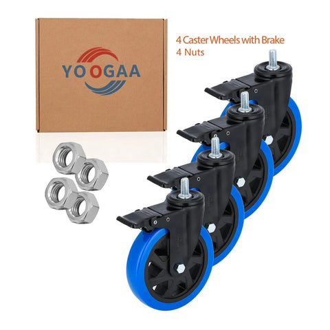 Heavy Duty Swivel Caster Wheels With Dual Locking Brakes And Half Inch 13 By 1 Threaded Stems Set Of Four For Workbenches And Utility Carts showing four wheels, blue rubber, and nuts in a box.