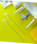 20 Pack Heavy Duty Metal RC Airplane Linkage Stoppers Plus Adjustable Push Rod Connectors For Fixed Wing Models Quick Swaps DIY Mods Rock Solid Flyin Gear on yellow background with drone and tools.