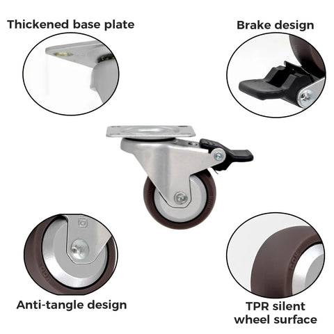 Dead Silent TPR Rubber Swivel Casters With Parking Brake Lock showing thickened base plate and TPR silent wheel surface.