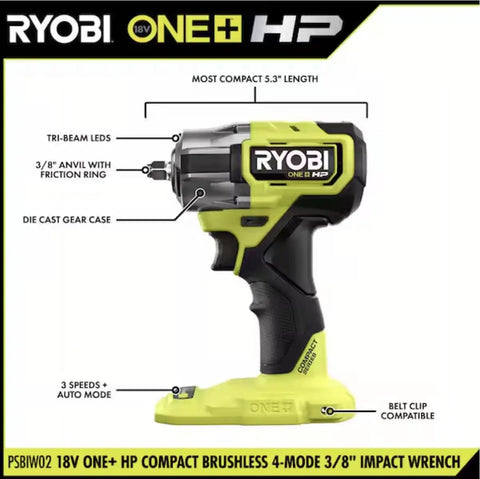 Brushless Eighteen Volt Cordless Impact Wrench Delivers Tough As Nails Torque For Tight Spaces with 3/8" anvil and tri-beam lights.