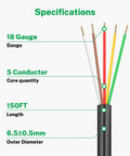 Specifications of Heavy Duty 18 AWG 5 Conductor Solid Copper Sprinkler Wire, 150 Feet, Flexible Outdoor Irrigation Wire With UV Resistant PVC Jacket