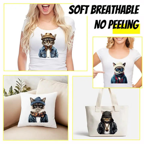Six Piece Street Style Cat Iron On Transfers For T Shirts And Hoodies Colorful DTF Ready To Press Heat Transfer Stickers DIY