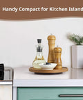 9 Inch Acacia Wood Lazy Susan Turntable Organizer For Cabinets And Pantry Shelves with condiments on a kitchen island