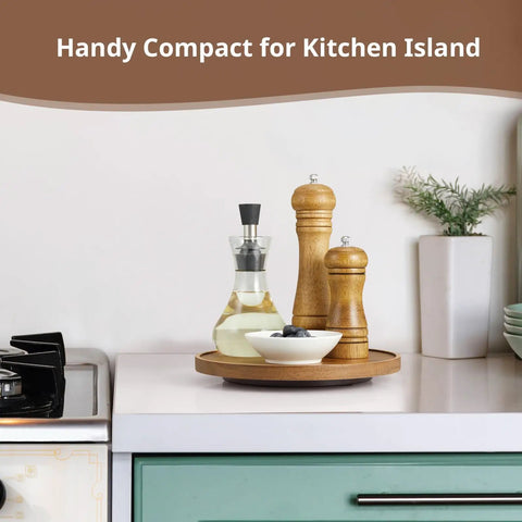 9 Inch Acacia Wood Lazy Susan Turntable Organizer For Cabinets And Pantry Shelves with condiments on a kitchen island