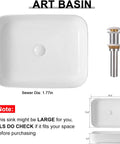 Top view of Rectangular Vessel Sink For Bathroom In White Porcelain Ceramic, Sleek Above Counter Design, 19.5 By 15.6 By 5.2 Inches, Includes Pop Up Drain