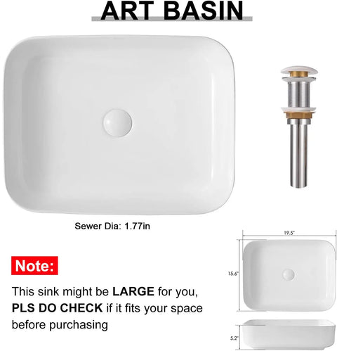 Top view of Rectangular Vessel Sink For Bathroom In White Porcelain Ceramic, Sleek Above Counter Design, 19.5 By 15.6 By 5.2 Inches, Includes Pop Up Drain