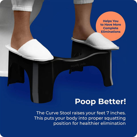 Person using Toilet Stool That Elevates Your Poop Game, Curve Lightweight And Sleek Black 7 Inch Design for less strain.