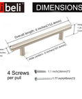 Dimensions of Brushed Nickel Stainless Steel Cabinet Pulls 6 Inch Overall Length With Four Inch Hole Centers And Half Inch Projection.