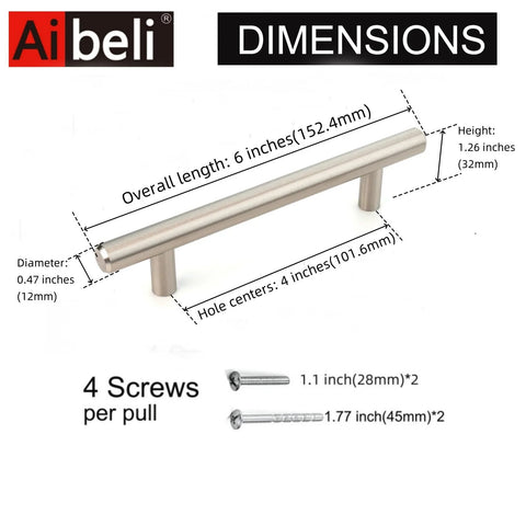 Dimensions of Brushed Nickel Stainless Steel Cabinet Pulls 6 Inch Overall Length With Four Inch Hole Centers And Half Inch Projection.