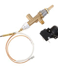 4-piece propane heater repair kit: brass main valve, thermocouple sensor, insulated copper line, black dump switch.