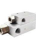 Heavy Duty Pneumatic Vacuum Generator Valve System With CV-10HS CV-15HS CV-20HS And CV-25HS High Negative Venturi Air Exhaust Ejectors Plus PC8 PSL Solenoid Valves, showing two metallic valve components close-up.