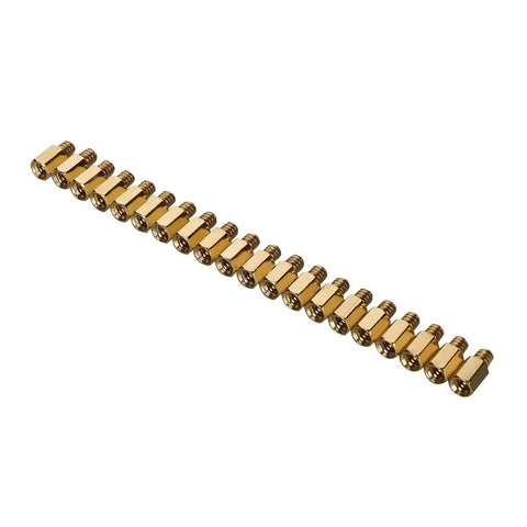 Tough 6-32 Solid Brass Motherboard Standoffs Built For Atx Computer Cases Rig Ready Secure Mounting 20 Pack arranged in a line.