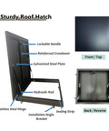 Tough As Nails Roof Hatch Cover With Beefy Hydraulic Lift Supports And Rust Resistant Aluminum Steel Dark Grey Flat Access Panel with features labeled.