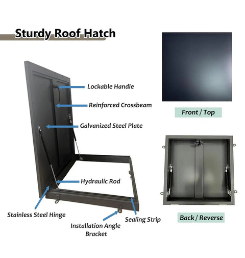 Tough As Nails Roof Hatch Cover With Beefy Hydraulic Lift Supports And Rust Resistant Aluminum Steel Dark Grey Flat Access Panel with features labeled.