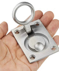 Close-up of 2 Pack Square Flush Pull Ring Handle in hand, 304 stainless steel, corrosion resistant, for boat hatch and cabinet use.