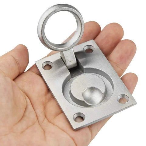 Close-up of 2 Pack Square Flush Pull Ring Handle in hand, 304 stainless steel, corrosion resistant, for boat hatch and cabinet use.