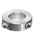 Close-up of Three Quarter Inch Bore Rugged Double Split Clamp On Shaft Collar in 304 Stainless Steel, corrosion resistant.
