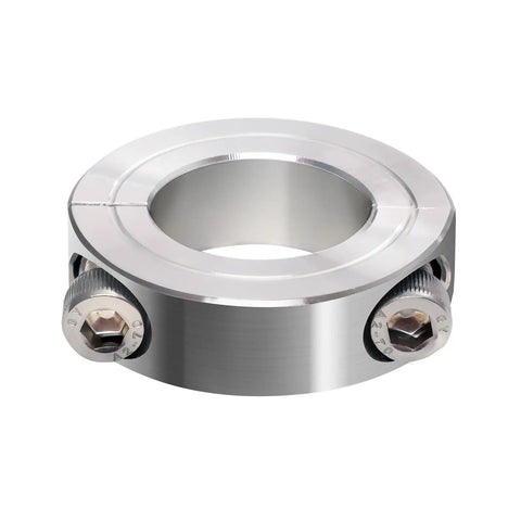 Close-up of Three Quarter Inch Bore Rugged Double Split Clamp On Shaft Collar in 304 Stainless Steel, corrosion resistant.