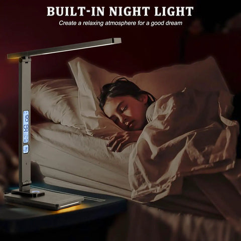 LED Desk Lamp With Wireless Charger And USB Port, Touch Control Table Lamp With Clock Date Temperature Alarm And LCD Display next to sleeping person
