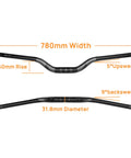 Mountain Bike Riser Handlebar Made From Aluminum Alloy 31.8mm Clamp 780mm Wide 50mm Rise shown with measurements.