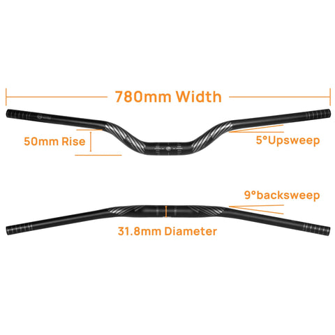 Mountain Bike Riser Handlebar Made From Aluminum Alloy 31.8mm Clamp 780mm Wide 50mm Rise shown with measurements.