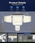 SZPOWER 6000LM Motion Sensor Outdoor Lights,4 Heads 3 Modes Solar Flood Lights Outdoor, dimensions and adjustable angles detailed.