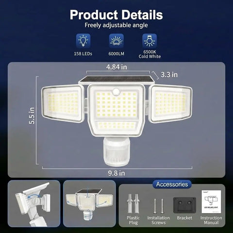 SZPOWER 6000LM Motion Sensor Outdoor Lights,4 Heads 3 Modes Solar Flood Lights Outdoor, dimensions and adjustable angles detailed.