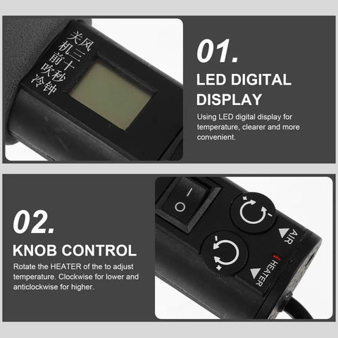 Close-up of 110V LCD Display Soldering Station showing LED digital display and knob control for adjustable temperature.