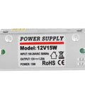 Solid As A Rock Regulated Switching Power Supply 12 Volt 0.25 Amps 15 Watt Led Driver with aluminum housing, labeled specifications on side.