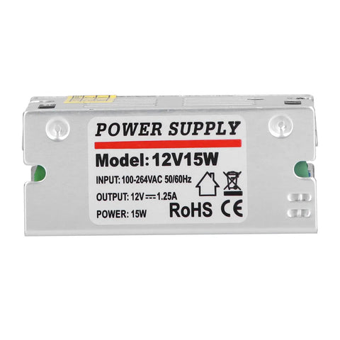 Solid As A Rock Regulated Switching Power Supply 12 Volt 0.25 Amps 15 Watt Led Driver with aluminum housing, labeled specifications on side.