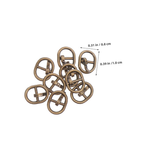 Close-up of antique bronze alloy buckles from Handy Mini Buckle Sewing Kit 150 Piece Set for Doll Clothes and DIY Craft Projects; dimensions shown