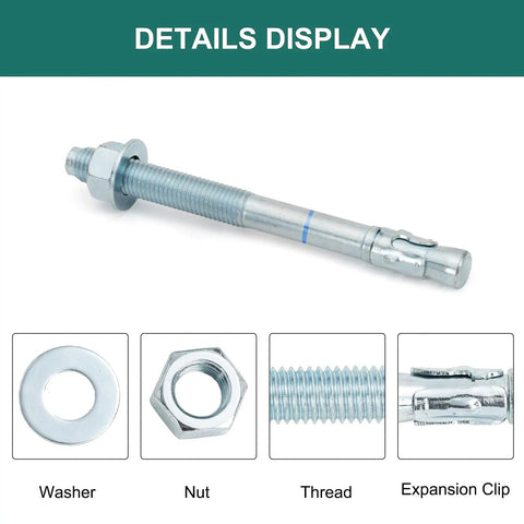 Tough As Nails Heavy Duty Concrete Wedge Anchors 5 8 Inch By 10 Inch 10 Pack Set With Zinc Plated Carbon Steel, detailed view with washer and nut.