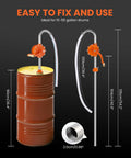 55 Gallon Drum Pump Manual Hand Pump With 304 Stainless Steel Tubing And High Wear Resin Core, shown with barrel and measurements