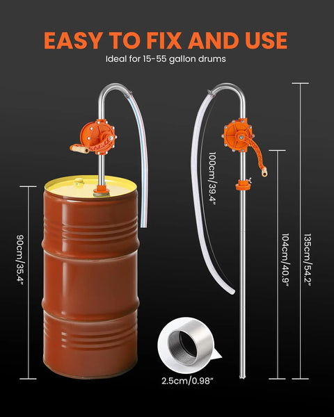 55 Gallon Drum Pump Manual Hand Pump With 304 Stainless Steel Tubing And High Wear Resin Core, shown with barrel and measurements