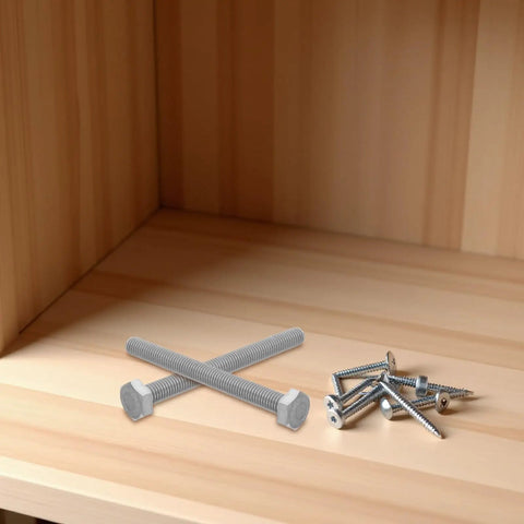 Four Pack M10x10mm Stainless Steel Hex Head Bolts with Lock Nuts, Flat Washers, and Lock Washers Fully Threaded on Wood Surface