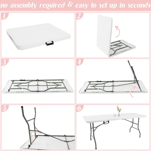 Step-by-step setup of Six Foot Portable Folding Table With Steel Legs White Rectangle Top Fold In Half With Carry Handle Durable HDPE Surface Ideal For Grab And Go Parties Weddings Camping Picnics Indoor Outdoor Events Setup In Seconds
