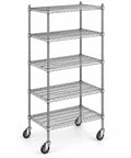 Heavy Duty Mobile Wire Shelving Starter Kit Featuring Five Adjustable Chrome Shelves And Lockable Casters with 600 Lb Capacity.