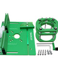 Boss Tier Router Table Lift System With Heavy Duty Aluminum Insert Plate For 65 Mm Motors top view showing green adjustable components and hardware.