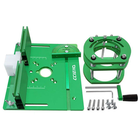 Boss Tier Router Table Lift System With Heavy Duty Aluminum Insert Plate For 65 Mm Motors top view showing green adjustable components and hardware.