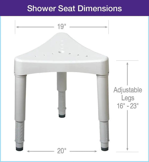 Corner Shower Seat With Adjustable Legs In White, Durable All Plastic And Rust Proof, Quick Change Leg System, Dimensions 19x20"