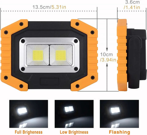 Rechargeable LED Work Light 30W 1500LM Portable Flood Light On The Go With Magnetic Base 4200mAh Battery measurements shown