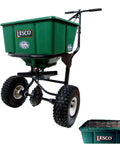 Two Item Yard Care Bundle With A 50 Lb Push Spreader And Hopper Cover For Rainproof Storage Heavy Duty Powder Coated Steel Frame Rugged Tires 48 Inch Length Easy Load Built Tough