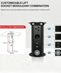Auto Rises Pop Up Outlet Slick Aluminum Desk Power Strip With Swappable Modules Quick Charge Ports And Optional Speaker installation dimensions and layout details.