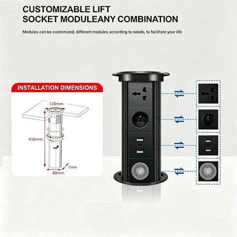 Auto Rises Pop Up Outlet Slick Aluminum Desk Power Strip With Swappable Modules Quick Charge Ports And Optional Speaker installation dimensions and layout details.