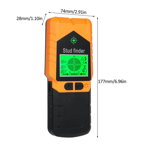 Stud Finder Wall Scanner 6 In Stud Detector With Lcd Display Alarm Magnet For Wood Metal Ac Wire Detection In Wall Installation (Orange) with measurement labels.