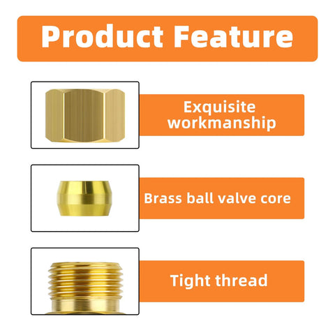GASHER brass compression tube fittings set, 1/4 in tube OD, 10 pcs; shows brass nut, valve core, and threaded fitting
